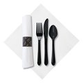 Caterwrap 7.75" x 7.75" Pre-rolled White Dinner Napkins Black Cutlery 100 PK 119984
